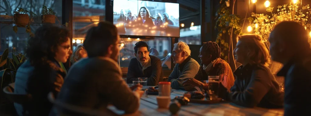 a diverse group of people engaging in lively conversation while watching an engaging explainer video.