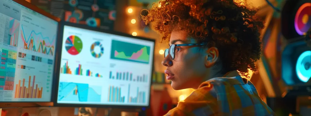 a person passionately crafting a script in front of a computer screen, surrounded by colorful infographics and notes, with a determined expression on their face.