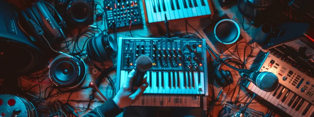 a person selecting a microphone, surrounded by various sound equipment and musical instruments, creating a vibrant and engaging audio-visual palette for a business explainer video.